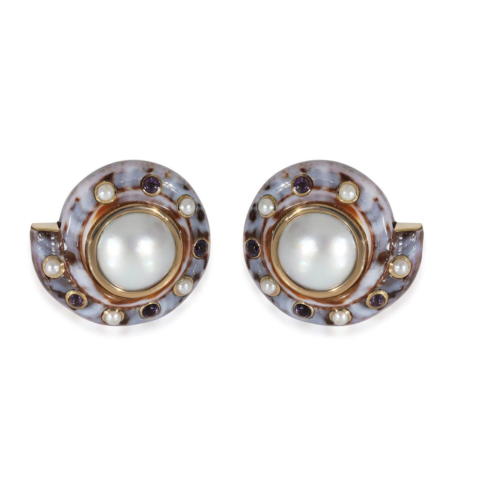 Trianon (Seaman Shepps) Mabe Pearl, Amethyst & Shell Earring in 18k Yellow Gold